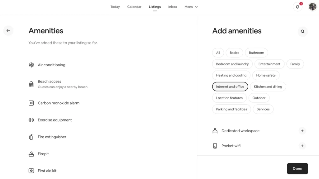What amenities are included in Airbnb